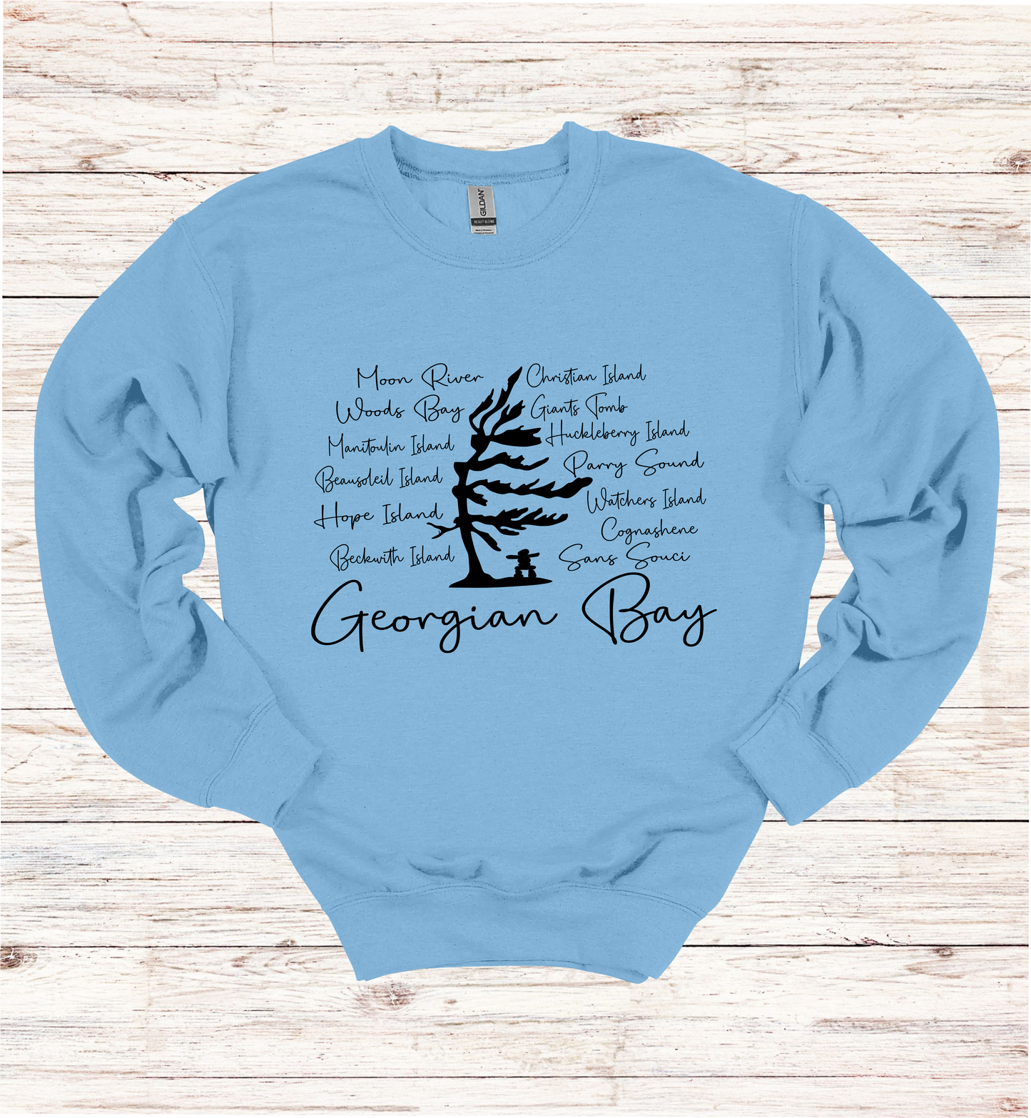 Georgian Bay Wind Swept Pine Tree with Island names Sweatshirt