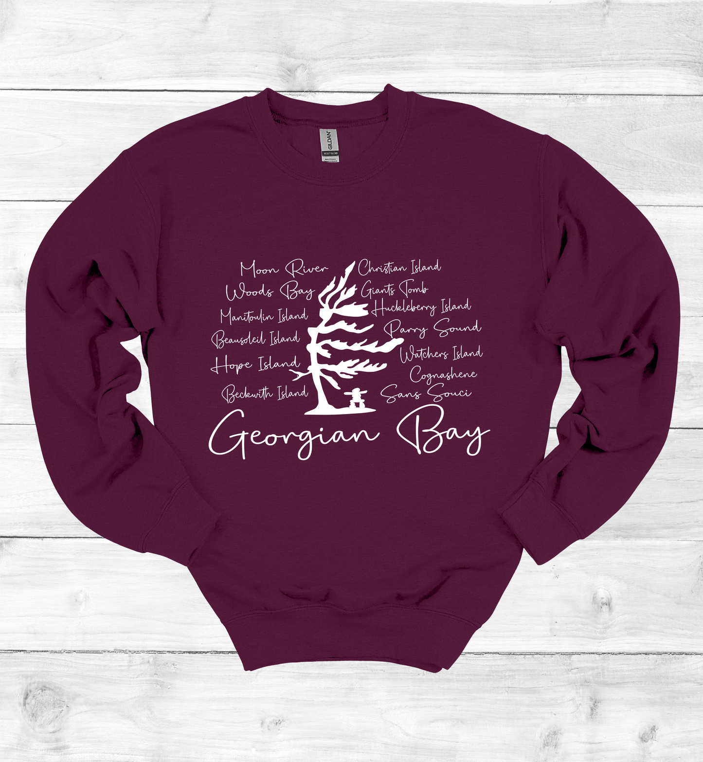 Georgian Bay Wind Swept Pine Tree with Island names Sweatshirt