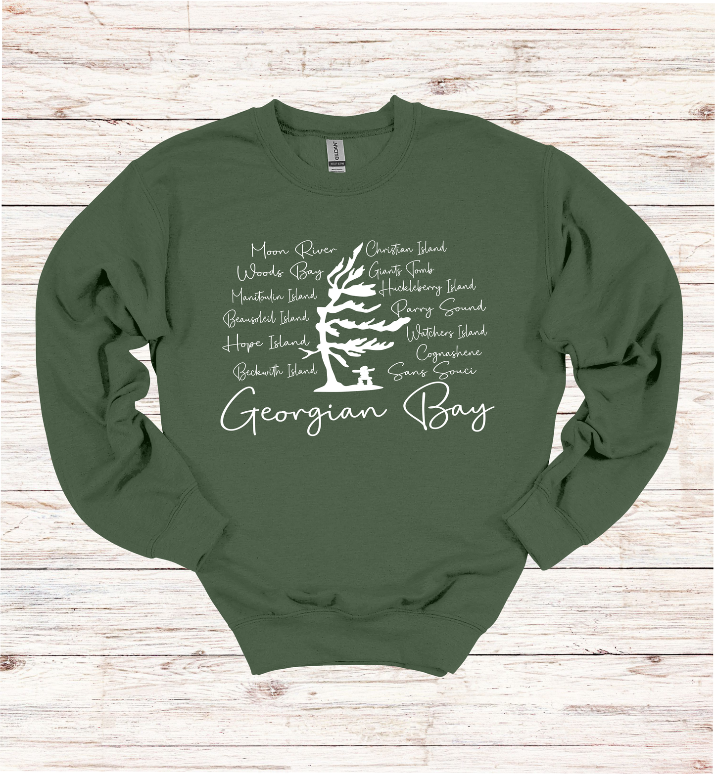Georgian Bay Wind Swept Pine Tree with Island names Sweatshirt
