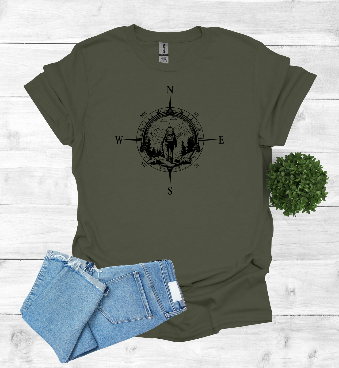 Hiker walking in wilderness with a compass scene