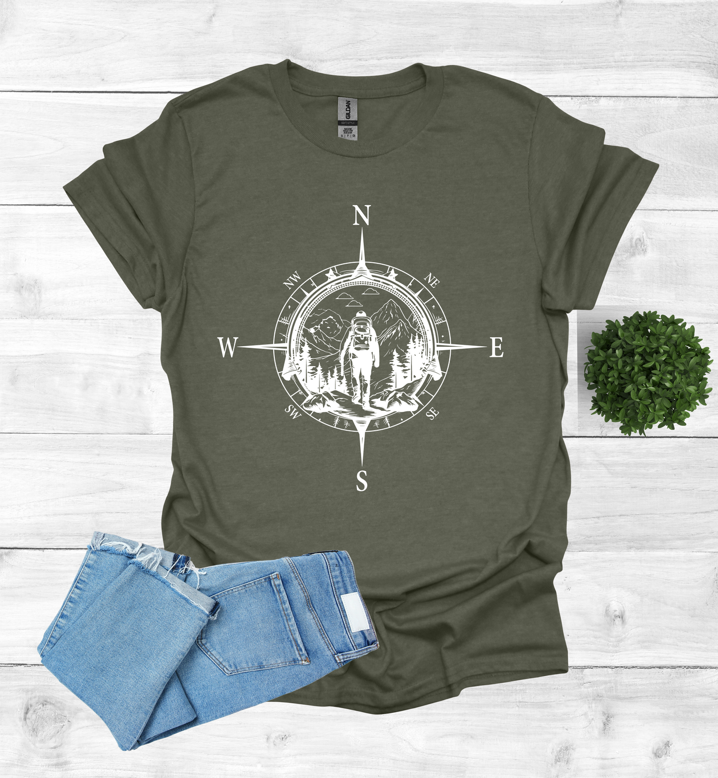 Hiker walking in wilderness with a compass scene