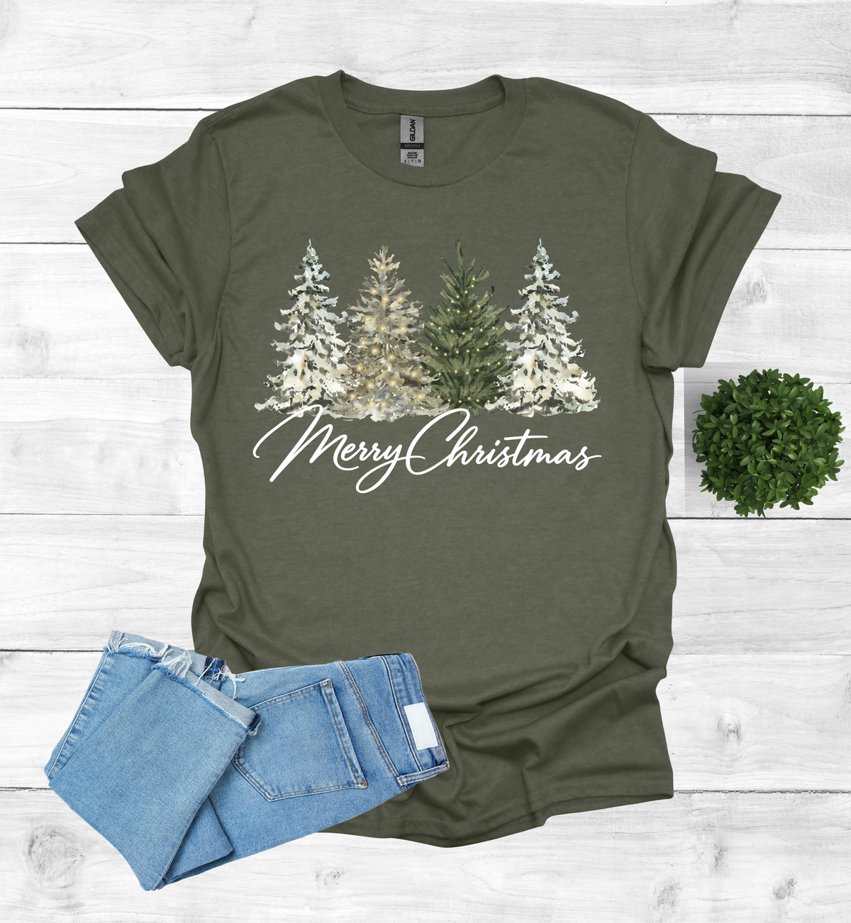 Merry Christmas with Water Color Christmas Trees T-Shirt
