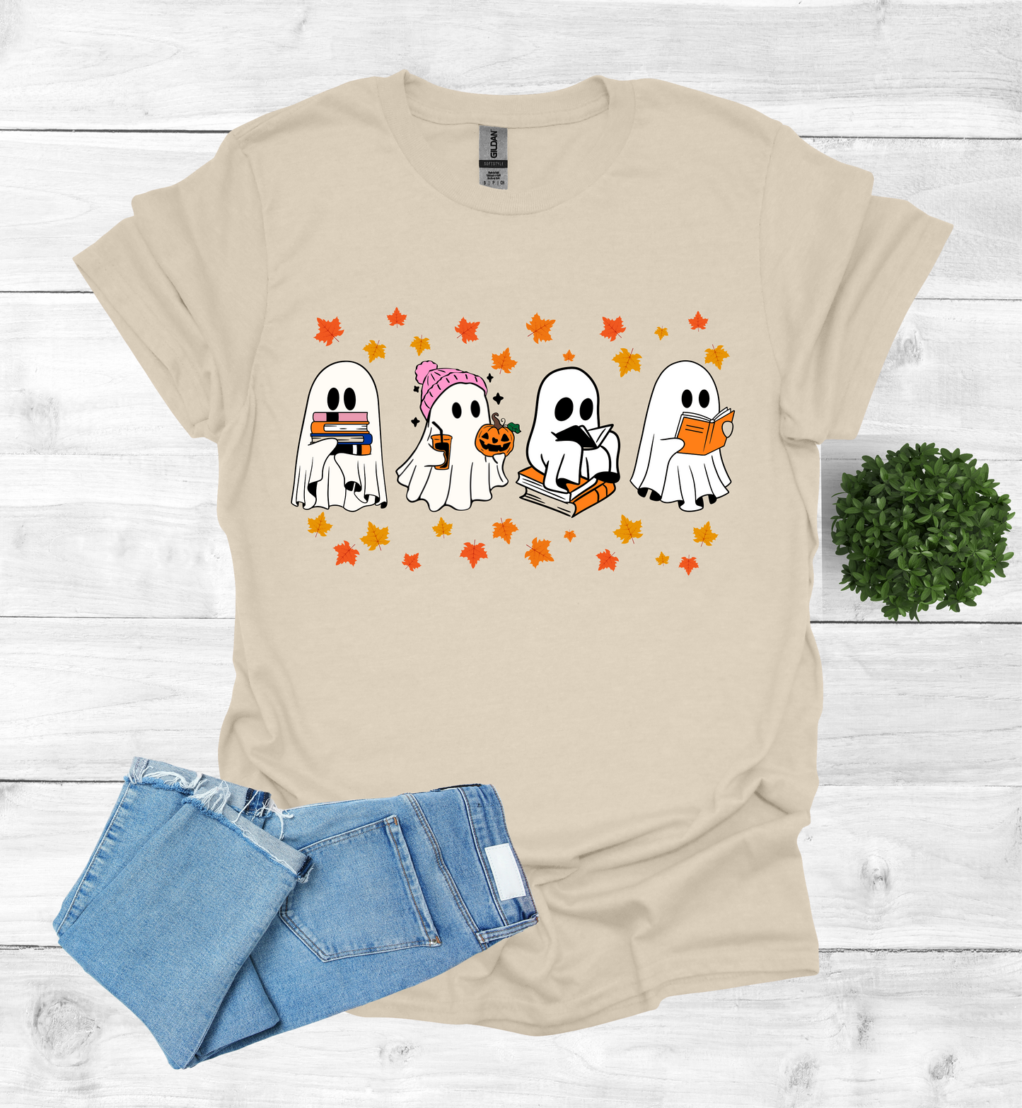 Ghost Reading Books and Falling Leaves Shirt