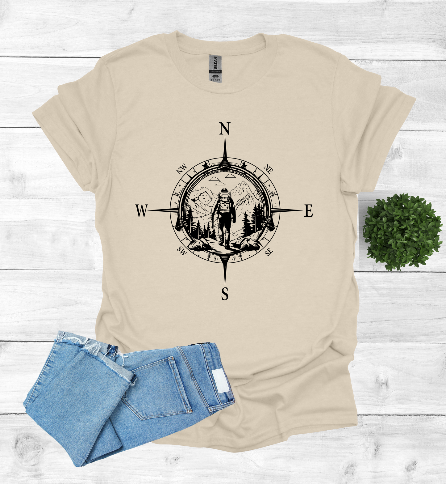 Hiker walking in wilderness compass scene