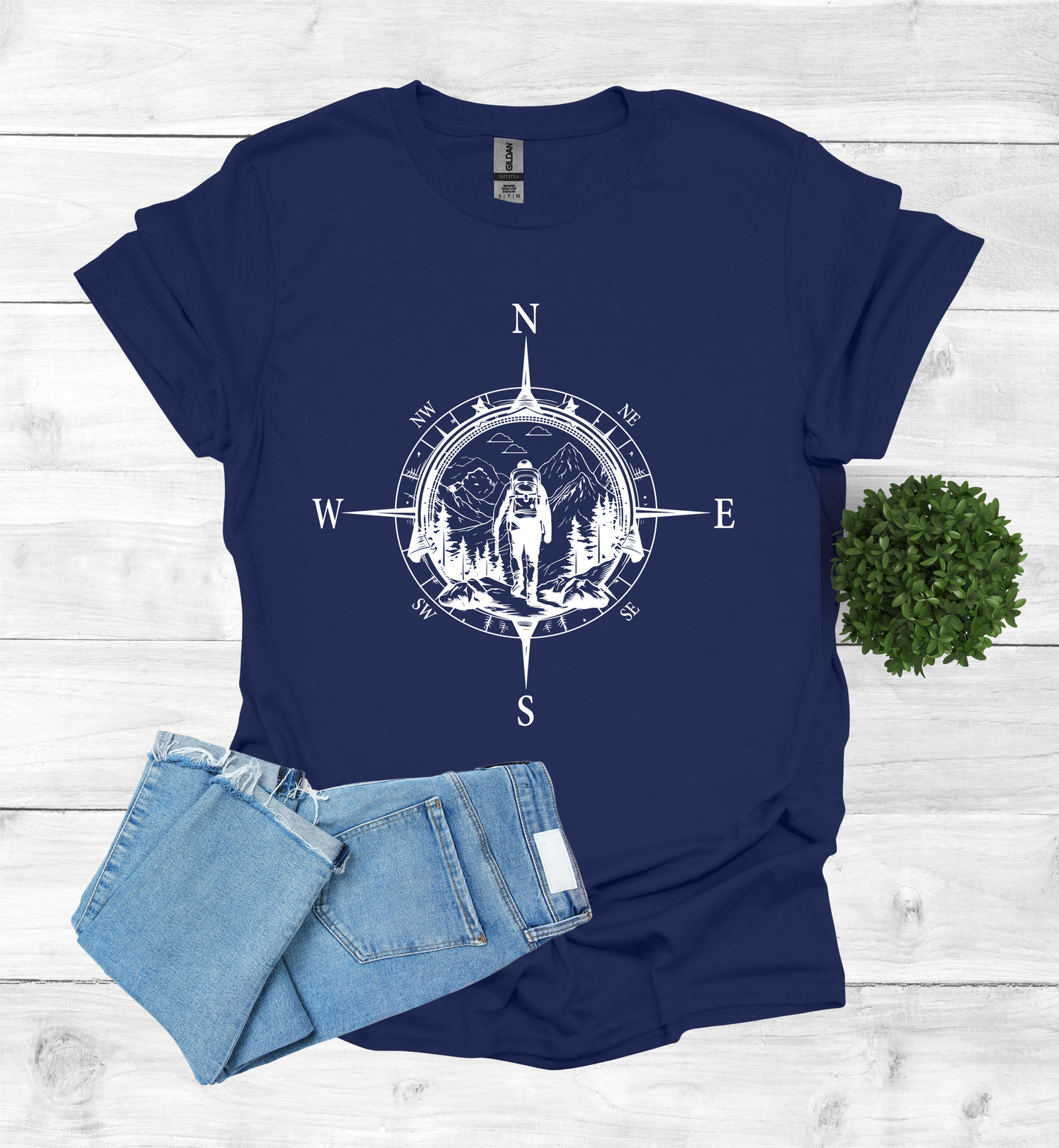Hiker walking in wilderness compass scene