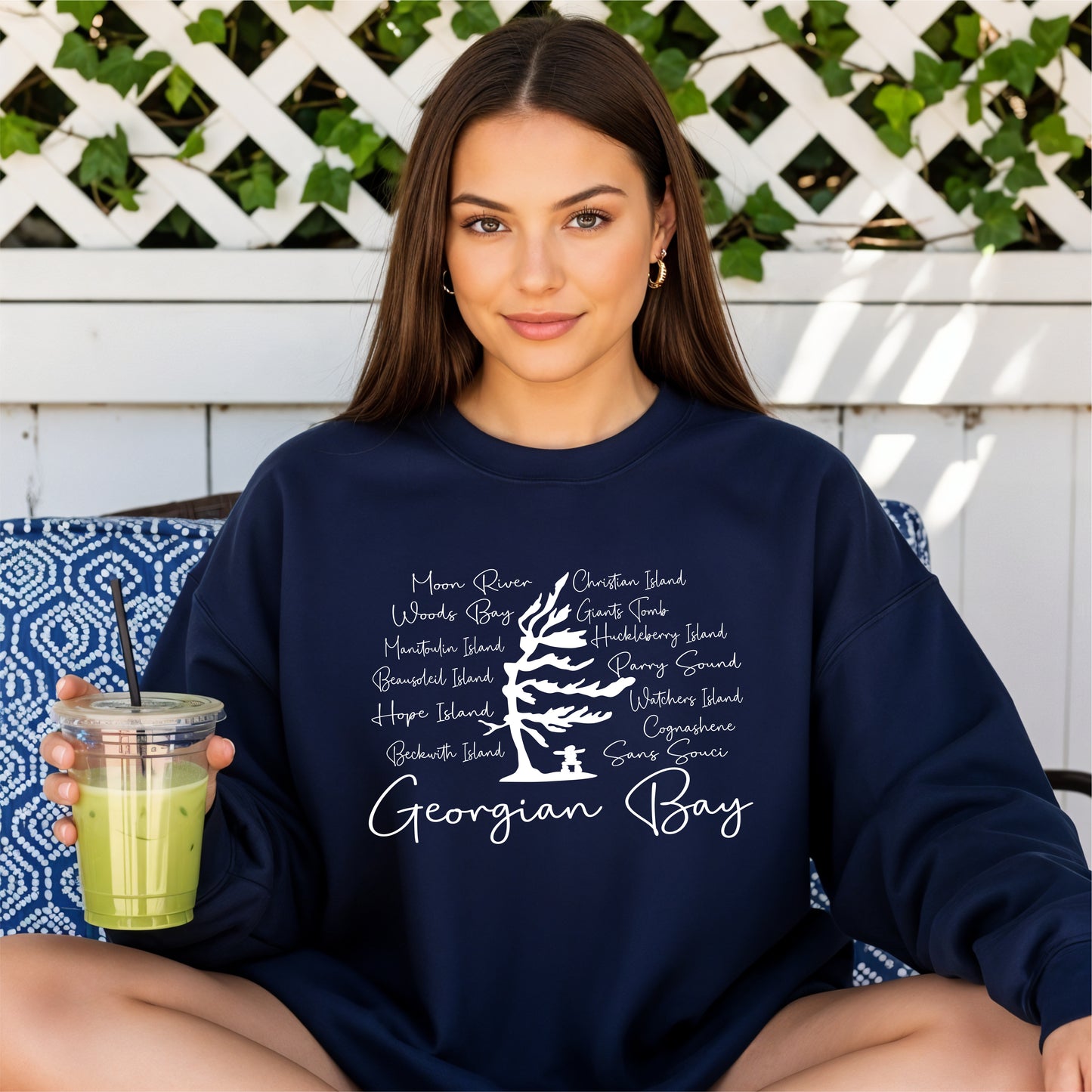 Georgian Bay Wind Swept Pine Tree with Island names Sweatshirt