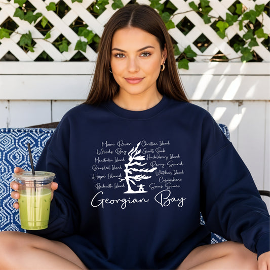 Georgian Bay Wind Swept Pine Tree with Island names Sweatshirt