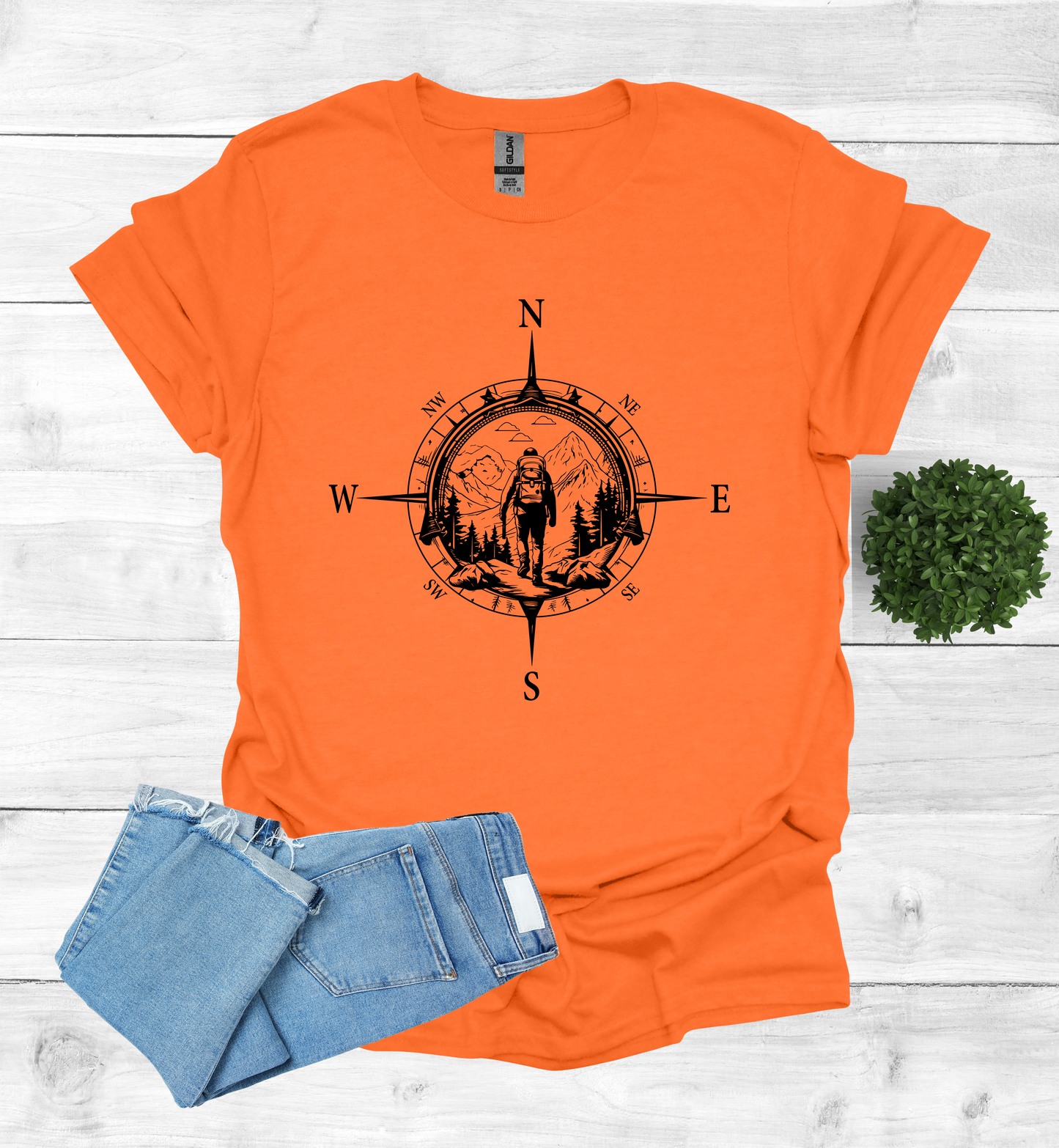 Hiker walking in wilderness compass scene