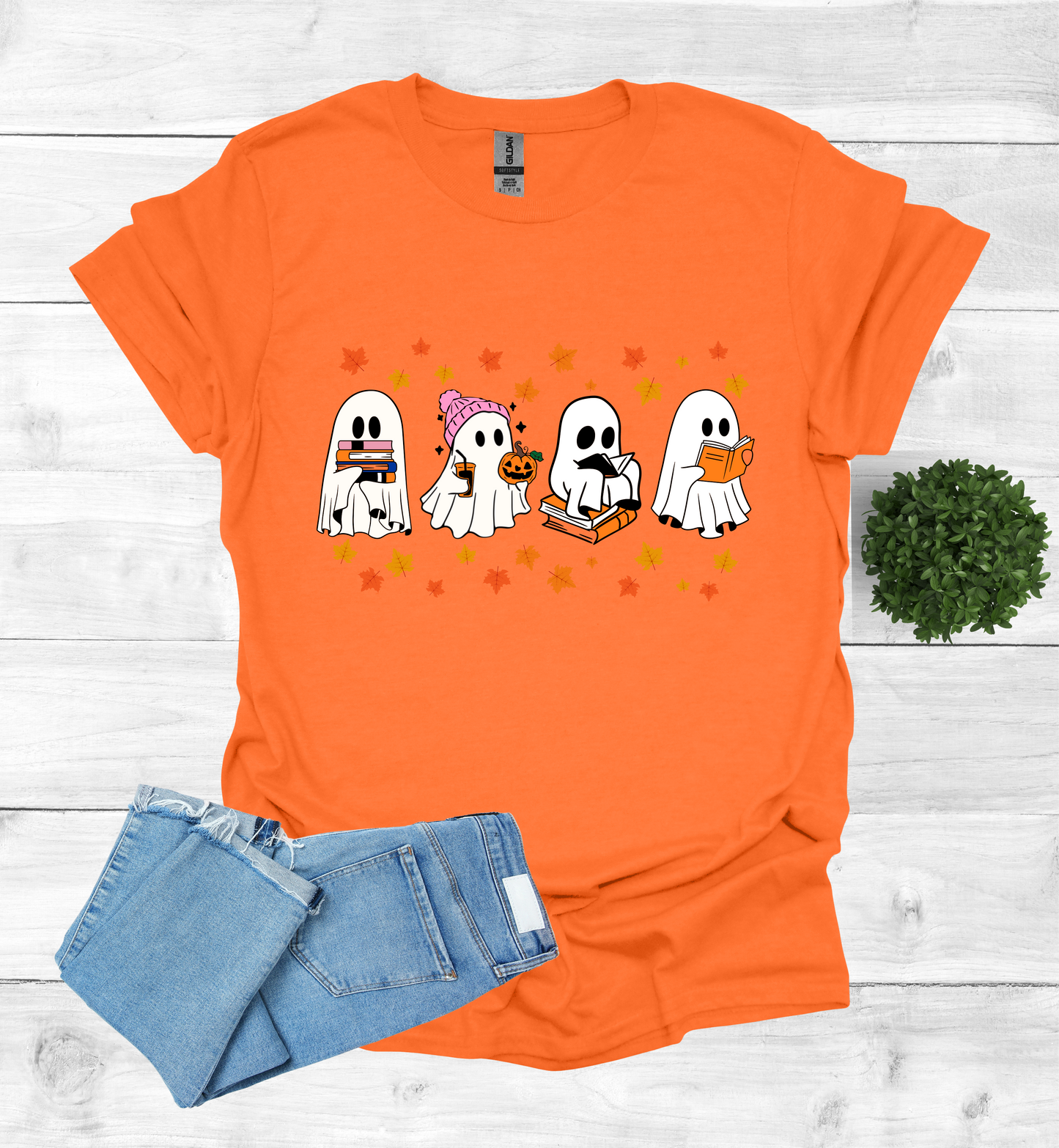 Ghost Reading Books and Falling Leaves Shirt