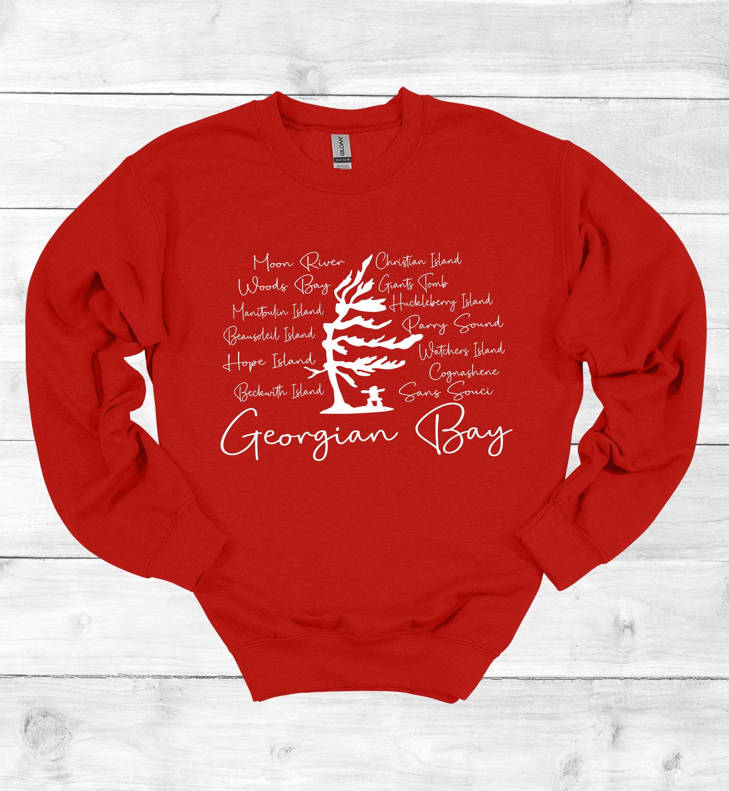 Georgian Bay Wind Swept Pine Tree with Island names Sweatshirt
