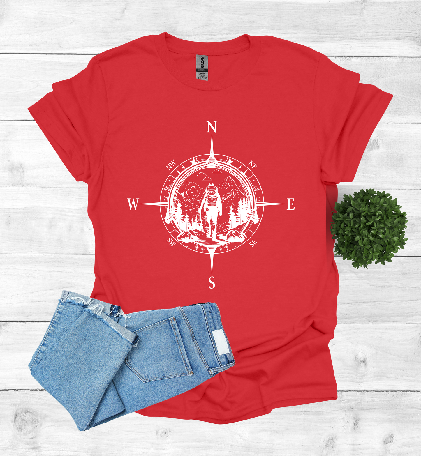 Hiker walking in wilderness compass scene
