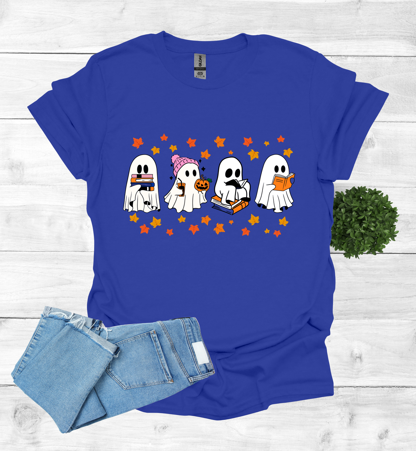 Ghost Reading Books and Falling Leaves Shirt