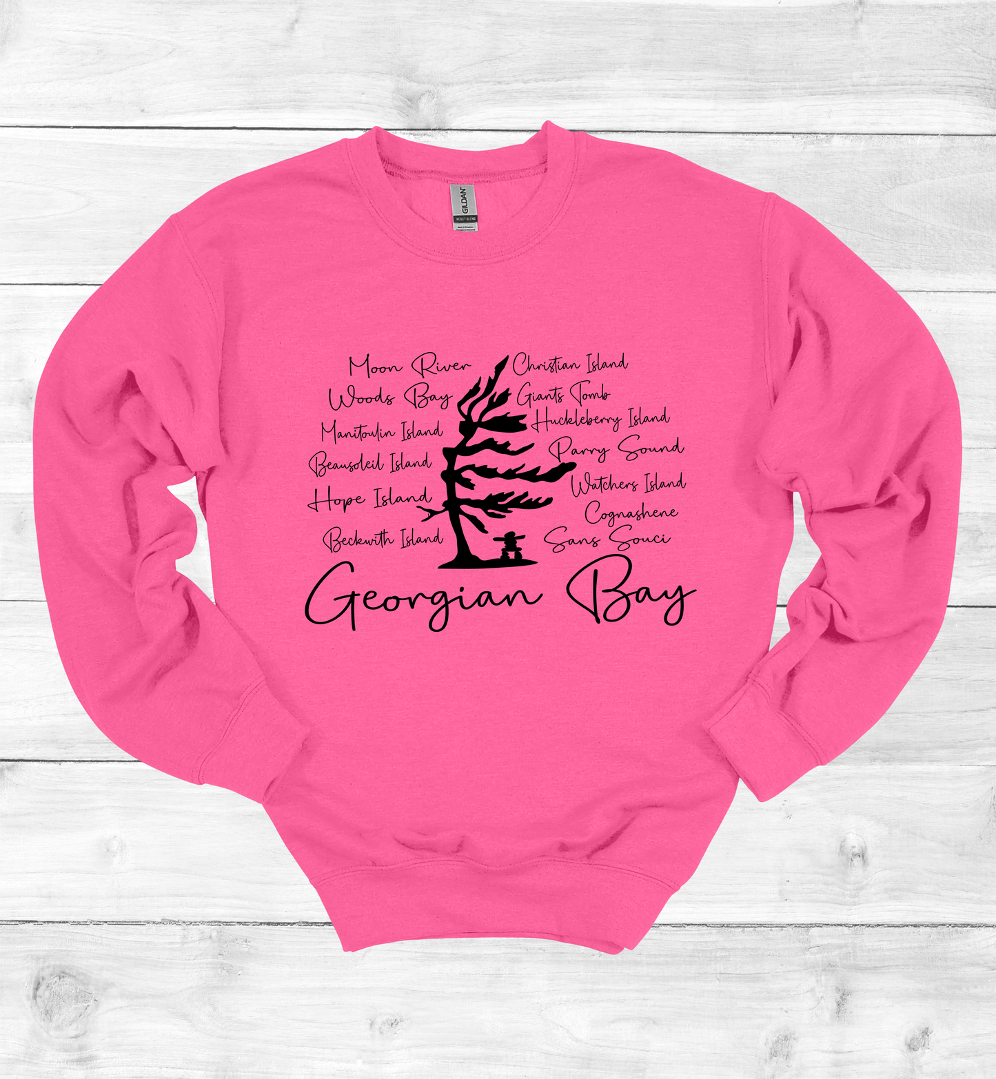 Georgian Bay Wind Swept Pine Tree with Island names Sweatshirt
