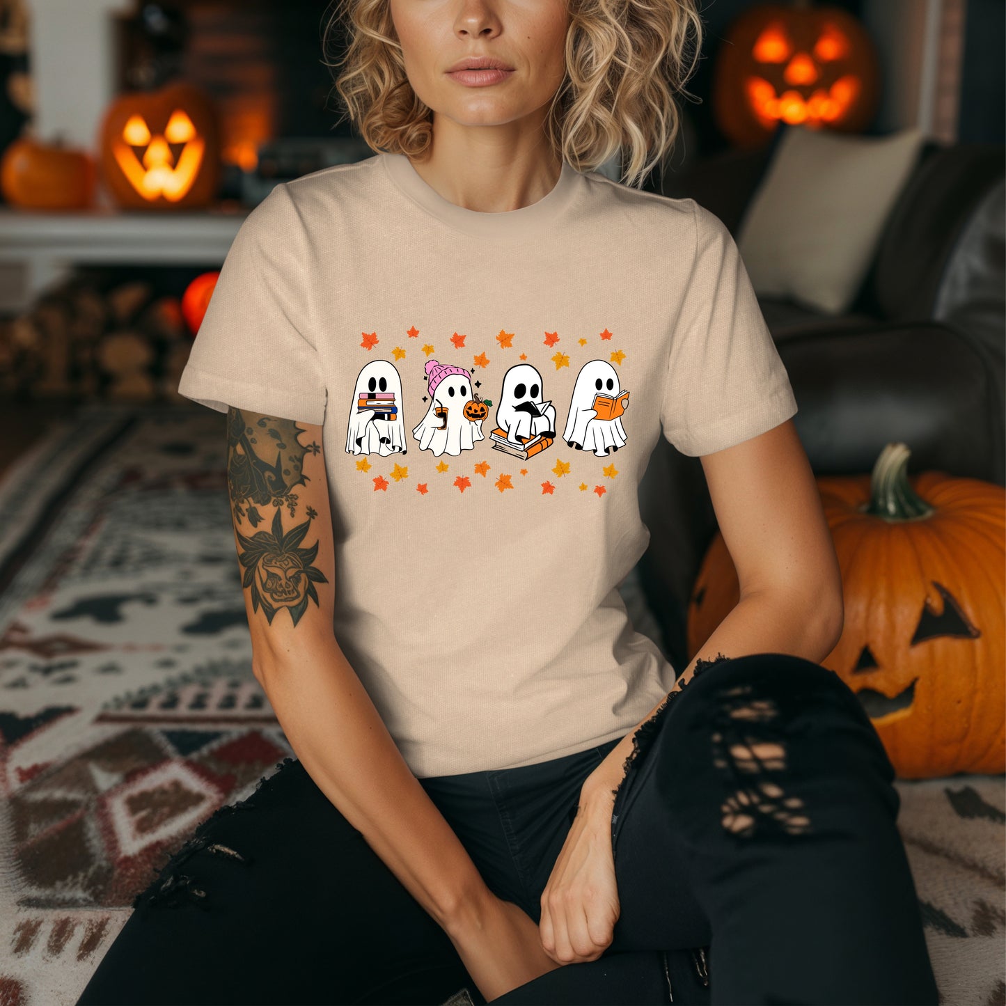 Ghost Reading Books and Falling Leaves Shirt