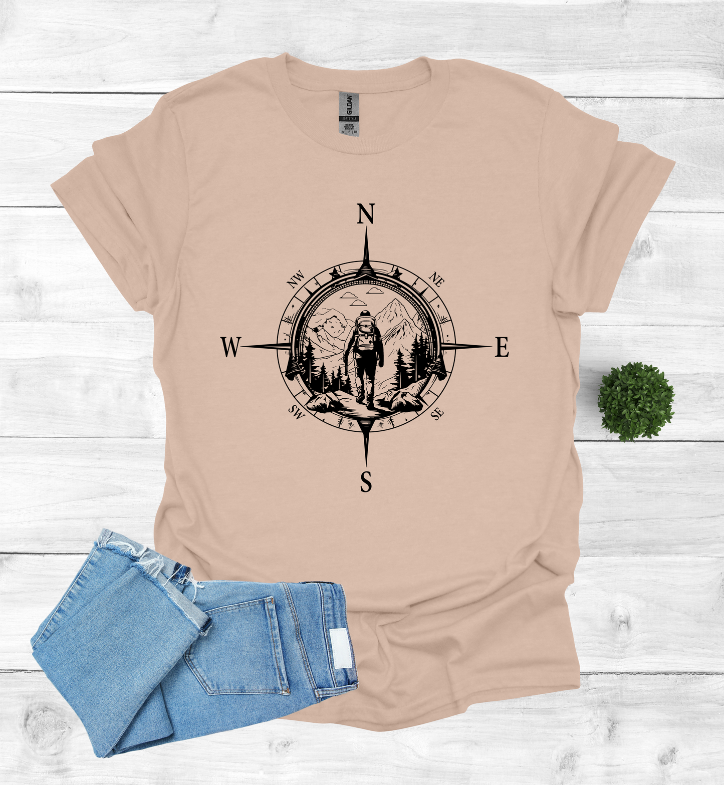 Hiker walking in wilderness compass scene