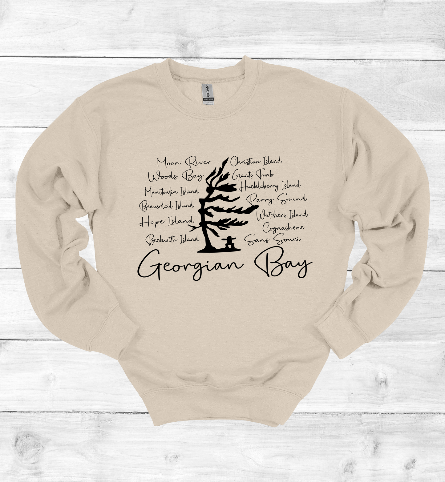 Georgian Bay Wind Swept Pine Tree with Island names Sweatshirt