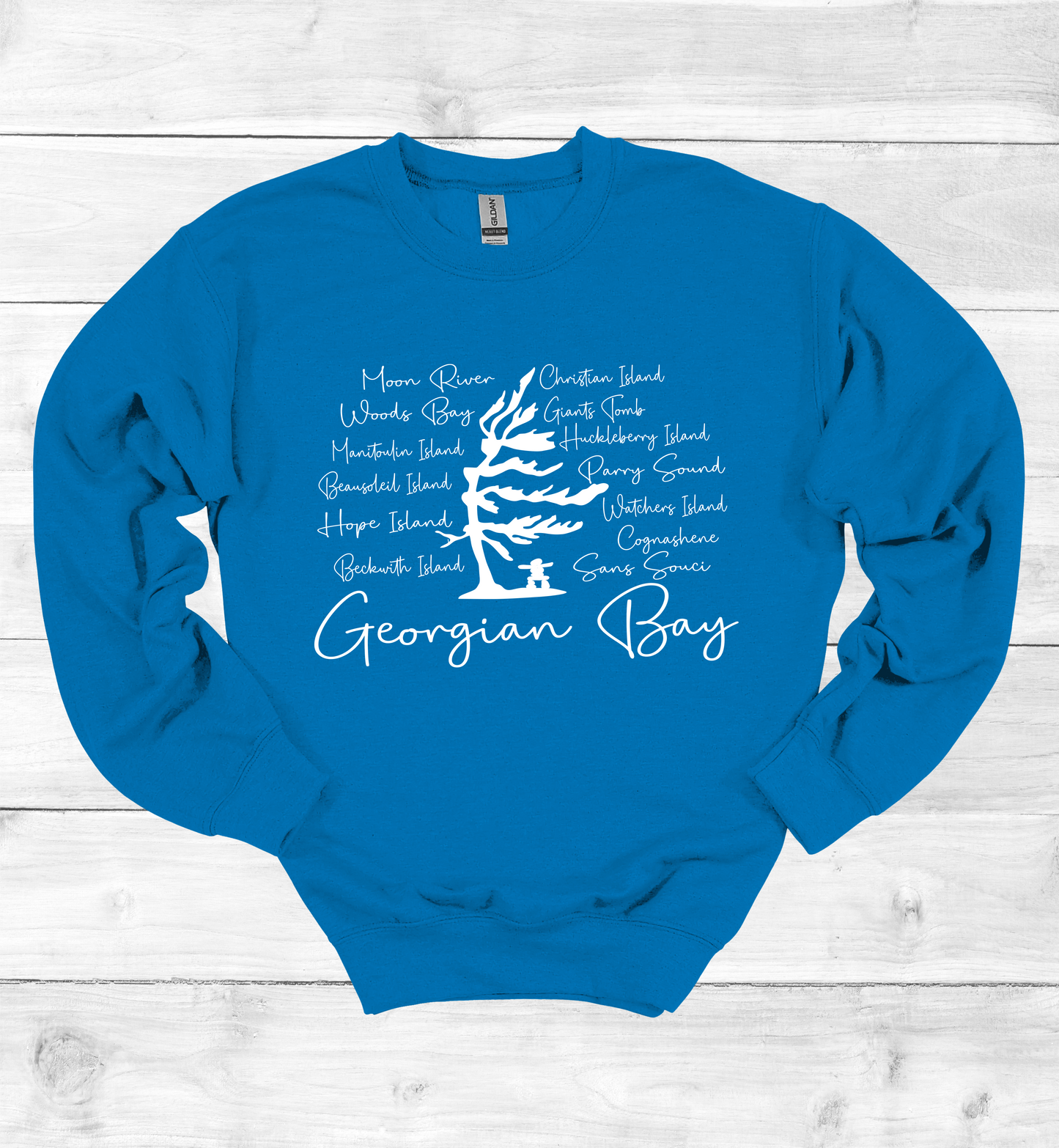 Georgian Bay Wind Swept Pine Tree with Island names Sweatshirt