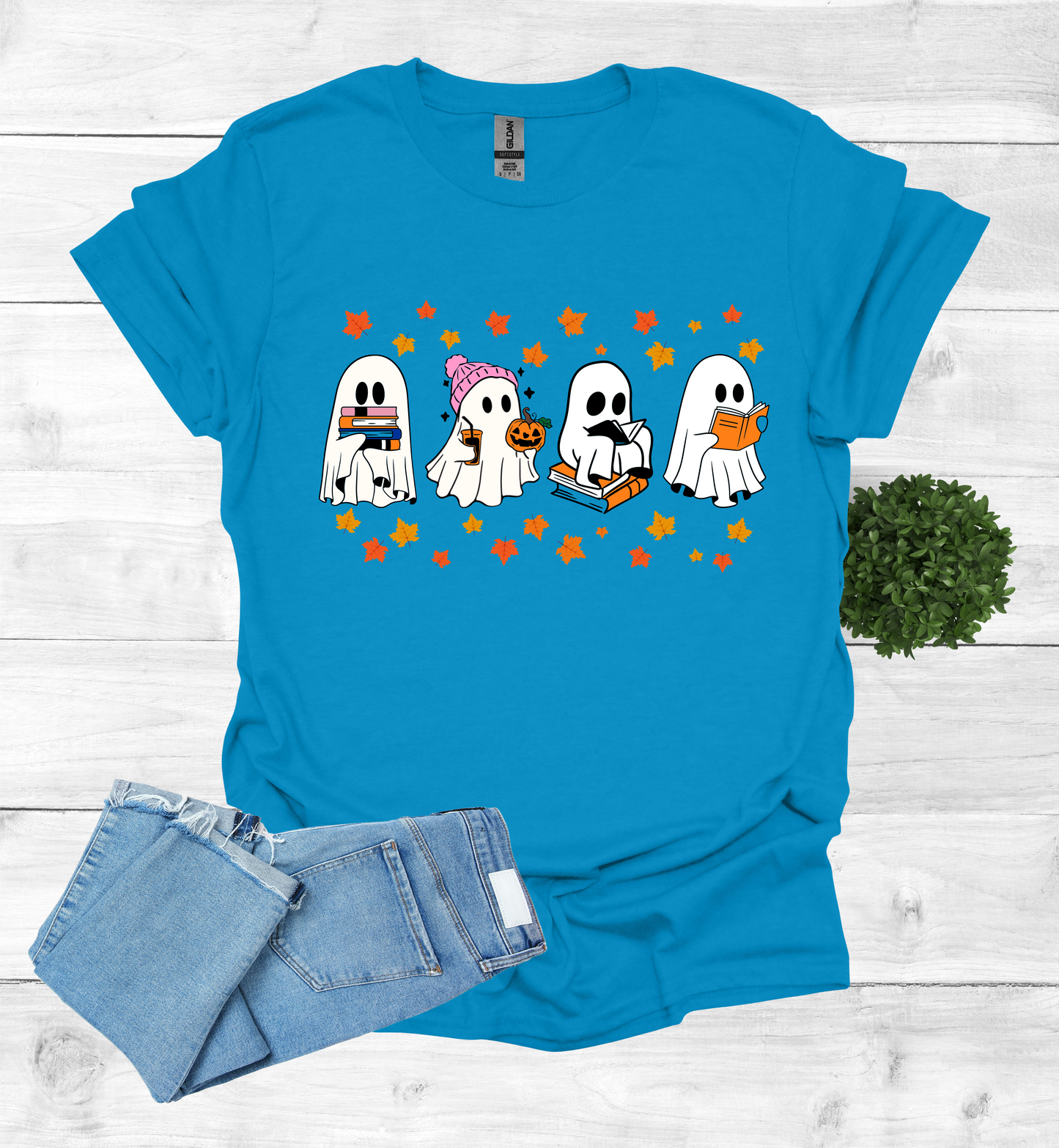 Ghost Reading Books and Falling Leaves Shirt