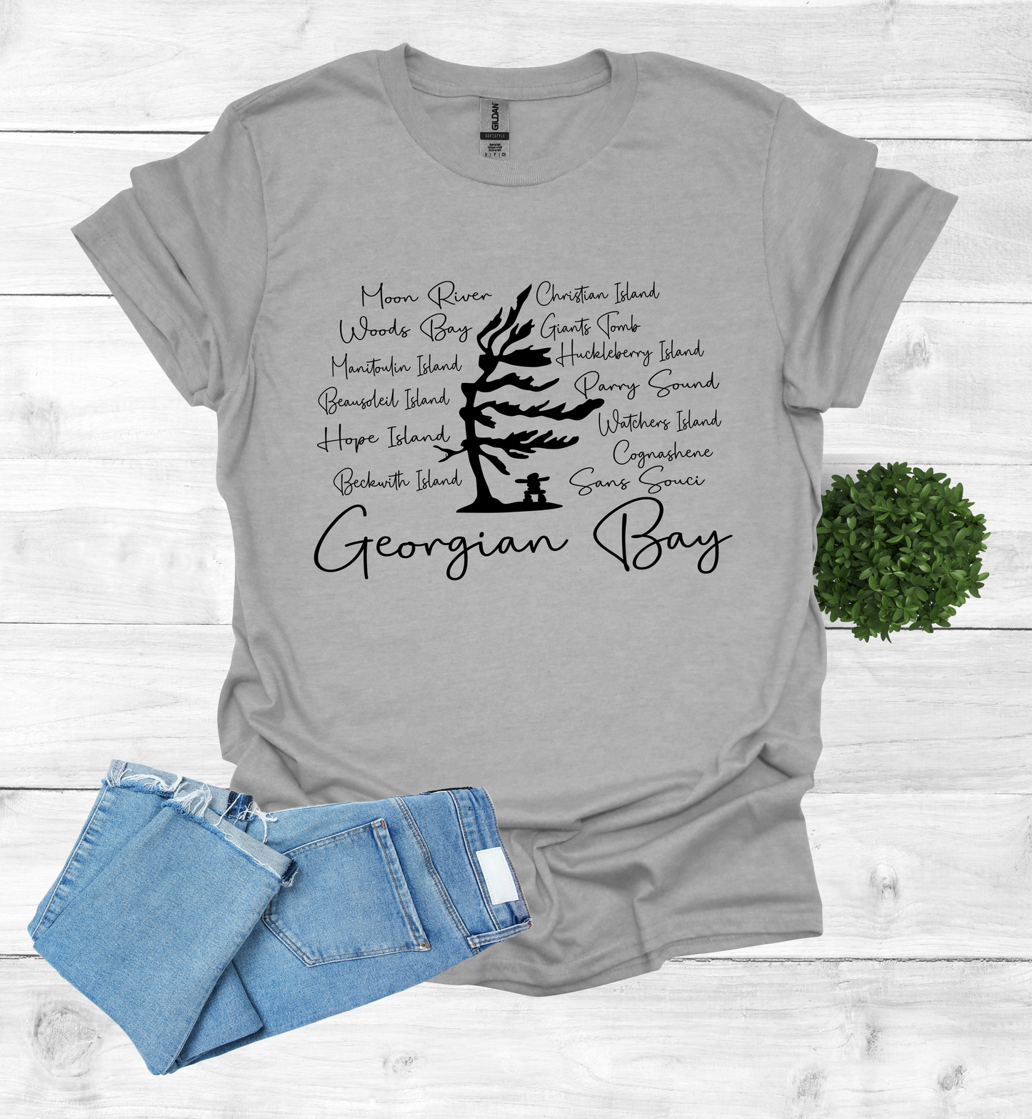 Georgian Bay with wind swept pine tree with Island and Bay names