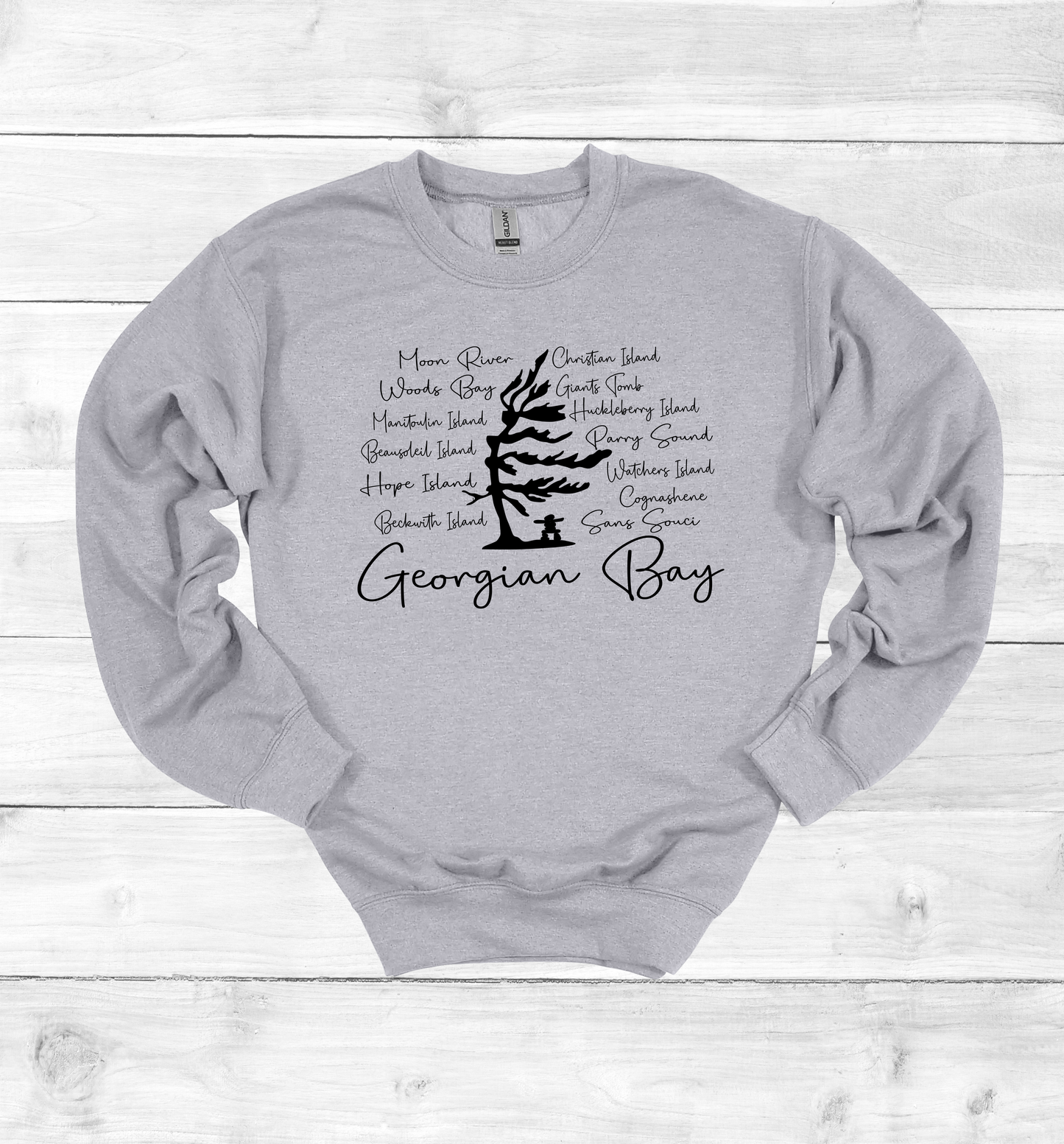 Georgian Bay Wind Swept Pine Tree with Island names Sweatshirt