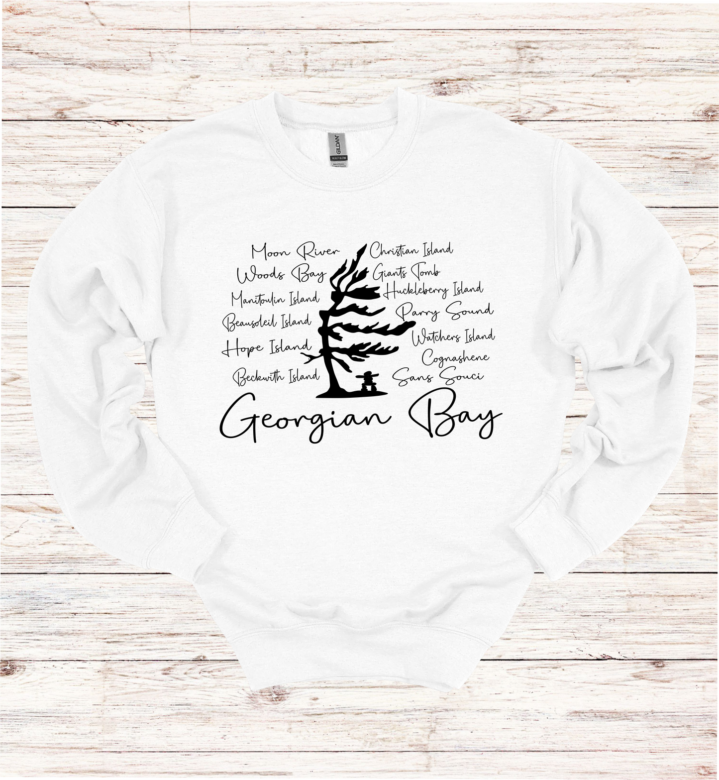 Georgian Bay Wind Swept Pine Tree with Island names Sweatshirt