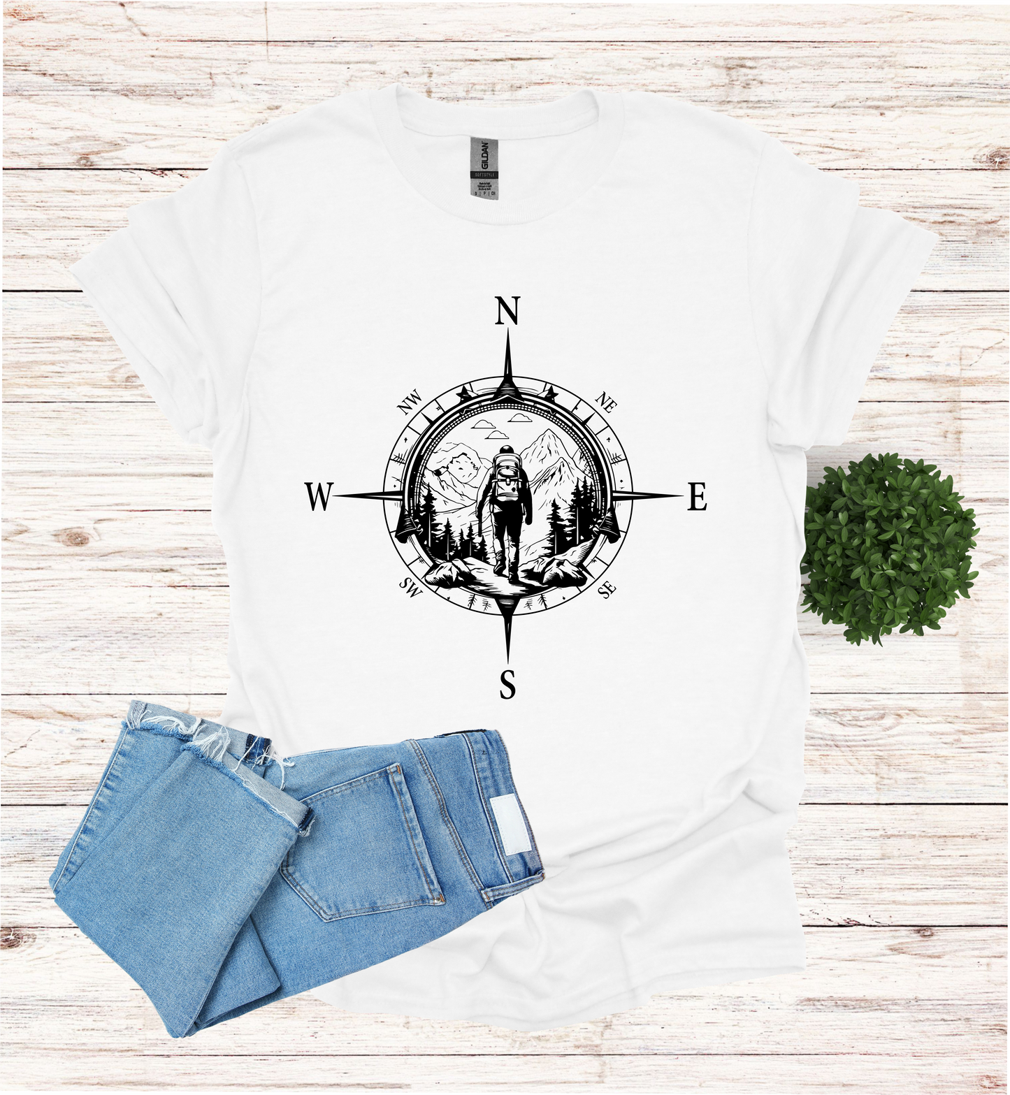 Hiker walking in wilderness with a compass scene