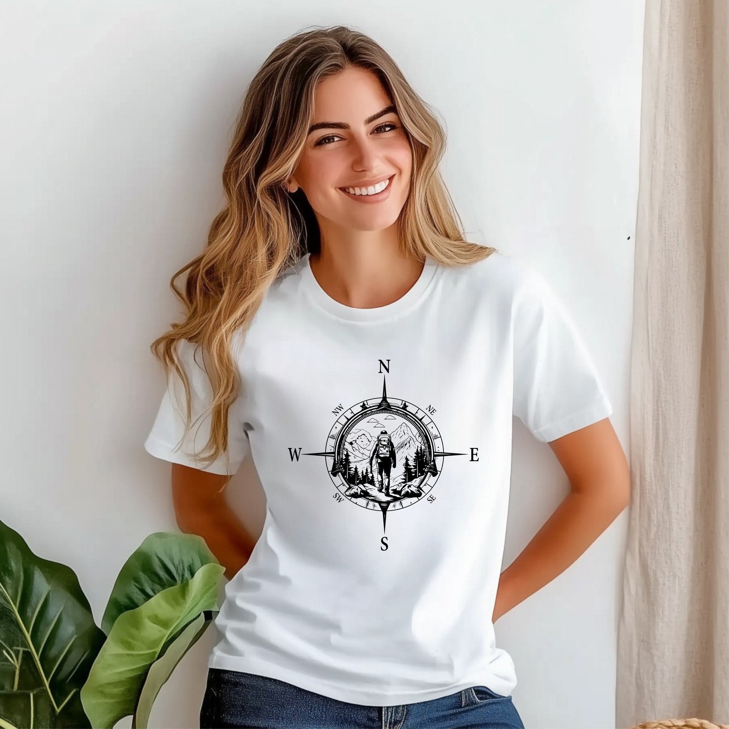 Hiker walking in wilderness compass scene